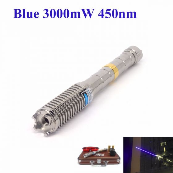 The B990 5 watts blue laser is new  powerful handheld burning laser pointer. Key specifications: Stainless Steel Shell, 3000mW, Blue 450nm, lower than 2.5 mRad divergence, 10 kilometers / 6.2 miles visible laser beam distance, interchangeable lens, IP64.