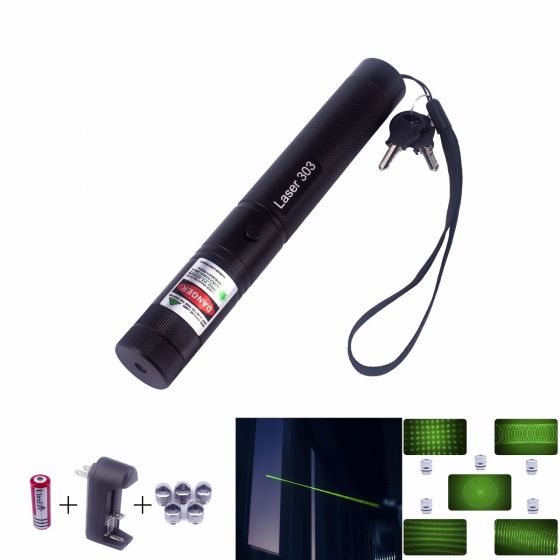  Laser Pointer 303 is 50mW high power green 532nm  laser, features its interchangeable lens with kaleidoscope light effects, safe key lock, ability to ignite matches,  shoot balloons, engrave on plastics, and shoot off firecrackers. Available in our 